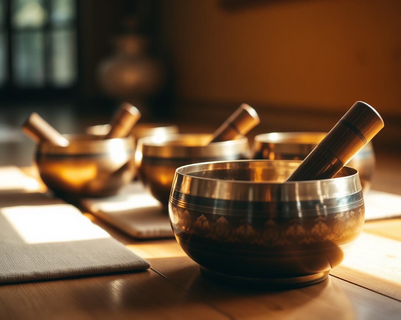Klankschalen in warm licht